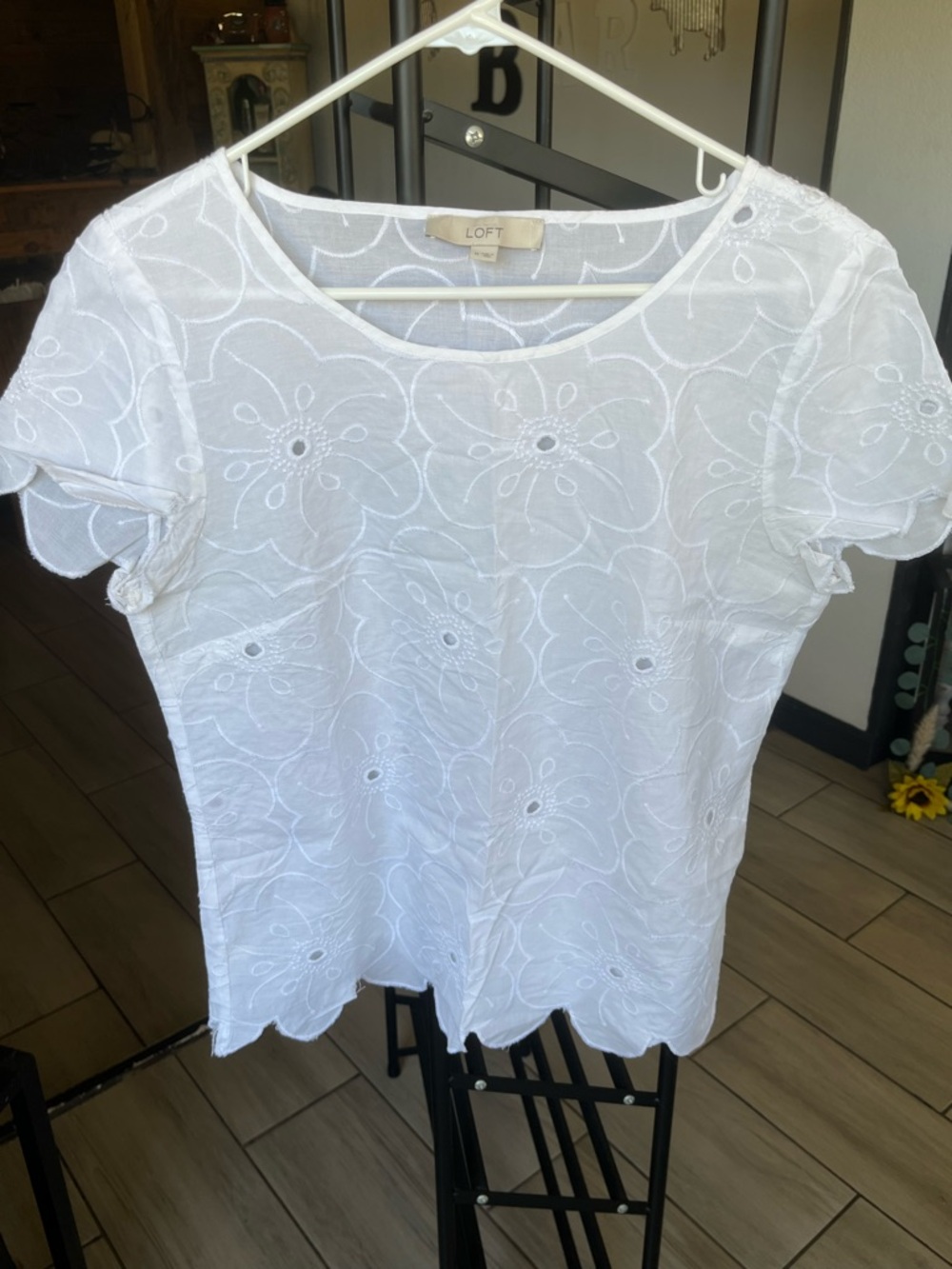 LOFT White Eyelet Floral Short Sleeve Blouse